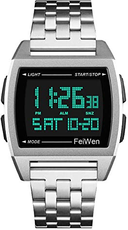FeiWen Herren Multifunktional Digitale Uhren Plastik Wählscheiben mit Edelstahl Band LED Doppelte Zeit Sport Armbanduhren (Silber)