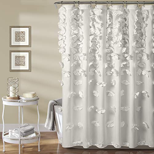 Lush Decor Riley Rideau de Douche en Tissu texturé avec nœud Papillon en Tissu texturé Vintage Chic de Style Ferme, décoration de Salle de Bain, Blanc, 183 x 183 cm