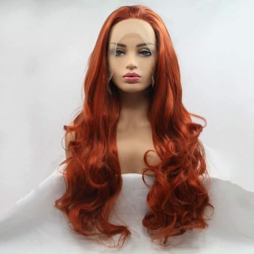 RainaHair Hella Ginger Perücke, 61 cm, Orange / Rot, leuchtend und glänzend, mit Spitze vorne, natürlicher Haaransatz, gewellt, Kunstfaser für Damen, hitzebeständig, lang, Cosplay, Alltag, Party