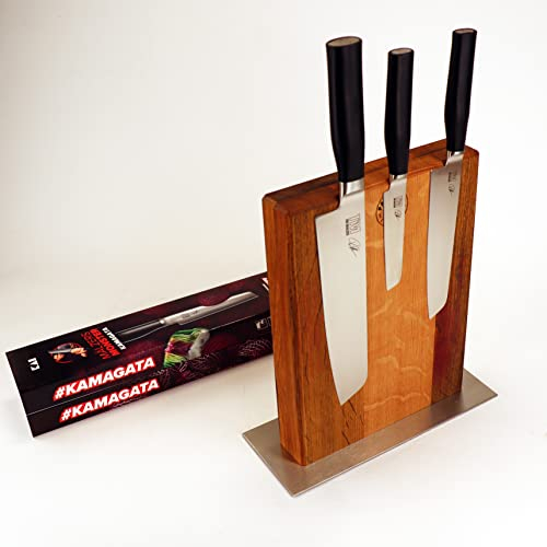 Exklusives KAI Tim Mälzer KAMAGATA Set | handgefertigter Magnet-Messerblock (Eiche) | 3 ultrascharfe japanische Küchenmesser Officemesser+Allzweckmesser+Hybridkochmesser | VK: 369,- €