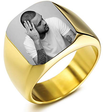 INBLUE Personalisierte Siegelring Gravur Schwarzes Bild Gravur Benutzerdefiniert Foto für Männer Jungen Frauen Mädchen Memorial Edelstahl-Schmuckpaket mit Ring Größen Einstellen (Goldfarben)