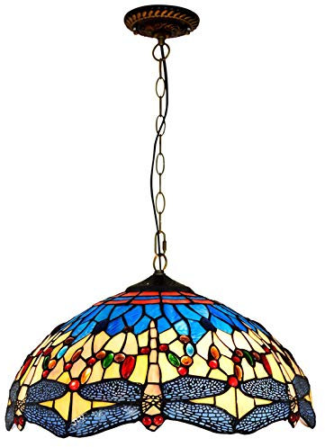 Lustres Libellule, Suspension De Style Tiffany Avec Abat-Jour En Verre Teinté De 16 Pouces, Plafonnier Vintage Réglable En Hauteur Pour Salon, Chambre À Coucher, Cuisine (Bleu)
