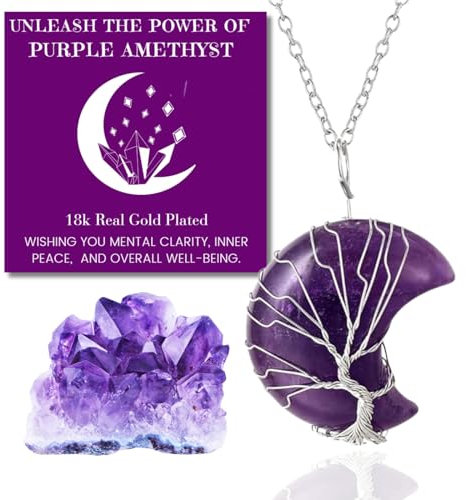 HALUKAKAH Cristalli Pietre Collana Donne Quarzo Ametista Cristallo Viola Placcato Platino Ottone Filo Fatto a Mano Avvolgimento Albero della Vita Forma di Luna Pendente 30×40mm,con Catena 50cm