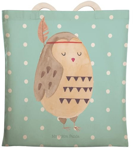 Mr. & Mrs. Panda Einkaufstasche Eule Federschmuck - Geschenk, Baumwolltasche, Owl, Beutel, Stofftasche, Beuteltasche, entspannt, Dekoration,