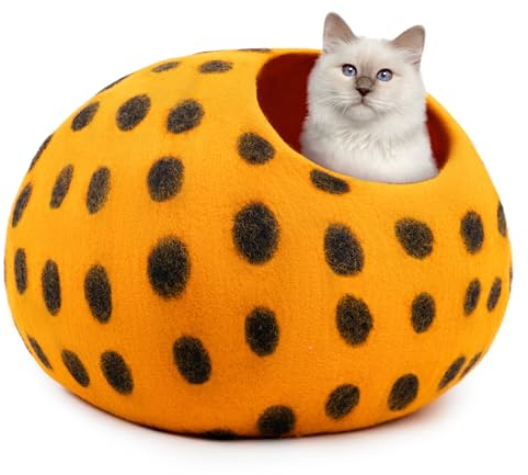 Woolygon Filz-Katzenbett-Höhle – gepunktete Serie – Woll-Katzenbetten handgefertigt Kätzchenhöhlen Bett für Indoor-Katzen – umweltfreundliche Merinowolle, faltbares Katzenversteck bedeckt Katzenhäuser
