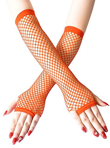 SamHeng Lange Netzhandschuhe, Orange fingerlose Armstulpen, Mesh-Kostüm Handschuhe, Kostüm-Punk-Accessoire für Frauen, Mädchen, Kinder, 80er-Jahre-Kostüm, Abendparty-Zubehör