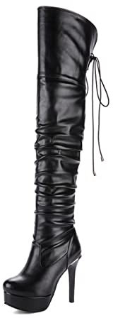 12CM / 4.72IN Tacchi Alti Donne Sexy in Vernice Coscia Alti Stivali Nightclub Prom Tacco Alto Pole Dance Stivali,Nero,35 EU