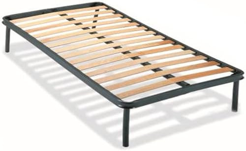 Sommier pour lit simple 90 x 200 cm avec lattes en bois et renfort vertical de soutien - orthopédique avec 4 pieds démontables - Cadre de lit Structure portante en fer renforcé