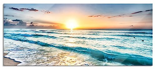 Pixxprint Glasbild Panorama, Wandbild aus Echtglas, Meer bei Sonnenuntergang, 100x40 cm, inkl. Aufhängung und Abstandshalter