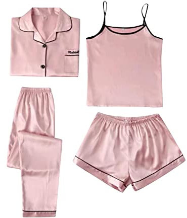 IQYU Ensemble pyjama pour femme - Ensemble de vêtements de loisirs - Déshabillé - Haut et short - Gilet de détente - Couleur unie, Rose, S