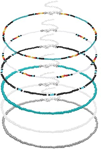 Yolev 6 Stück Bunte Perlen Ketten Choker Boho Strand Perlen Halsketten Armbänder Damen Mädchen Schmuck(Farbe 2)