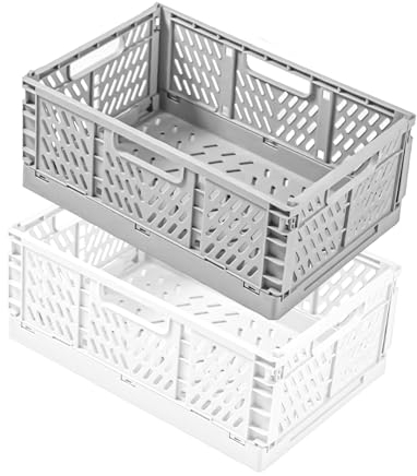 Frepea 2 Stück Aufbewahrungskorb Aufbewahrungsbox Kunststoff Klappboxen Faltbar Stabil Aufbewahrungskiste Klappkorb für Küche/Kinderzimmer/Büro(Weiß+Grau)