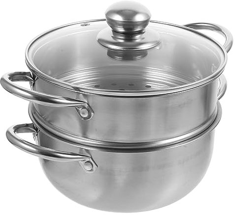 UTHCLO Stainless Steel 2 Tier Steam Pot Glass Lid 18cm Multi-Layer Steamer Pan Large Capacity Cookware for Induction and Gas Hobs Basket for Vegetables Dumplings Random Style