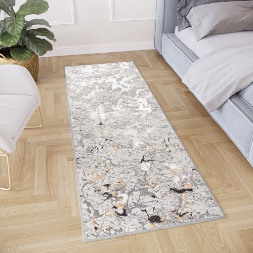 TAPISO Crystal Läufer Teppich Glänzend Hellgrau Gold Creme Marmoreffekt Abstrakt Wohnzimmer Schlafzimmer Flur Korridor Modern Design ÖKO-TEX 70 x 100 cm