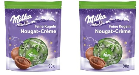 Milka Feine Kugeln Nougat-Créme 1 x 90g I Weihnachtsschokolade Einzelpackung I Adventskalender Schokolade I Süßigkeiten zu Weihnachten aus 100% Alpenmilch Schokolade (Packung mit 2)