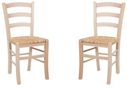 Chaises de cuisine en bois massif avec assise en paille style rustique VENISE Set de 2 (Naturel)