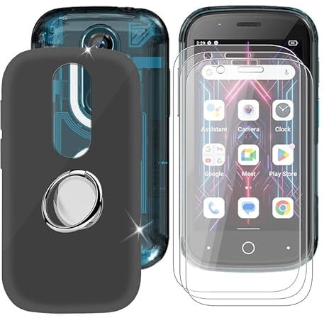 Ikiiqii für Unihertz Jelly Star (3.00) Handyhülle + Displayschutz(3 Sätze), Hülle rutschfeste Stoßkasten Schale Schutzhülle mit Handy Ring Handyhalter Fingerhalter 360°-Schwarz