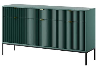 BETTSO - Nova KSZ-154 - Kommode - Schminktisch - Komodenschrank - 83 cm hoch, 154 breit - 3 Schubladen, Geriffelt - für Wohnzimmer - Modern, Glamour - Grün - mit goldenen Griffen