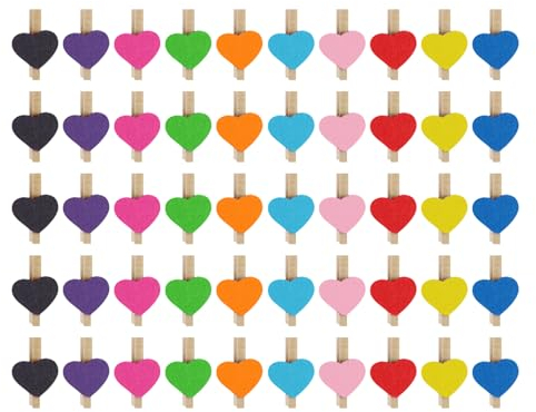 50 clips de fotos de amor coloridos, pinzas de madera de colores, pinzas para tarjetas de vacaciones, clips de amor, accesorios decorativos, perfectos para fotos, manualidades, bodas y fiestas