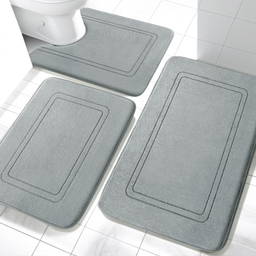chakme Badezimmerteppich Set 3 Teilig, Weiche Memory-Schaum Badematte und U Förmige wc Vorleger, Badteppich rutschfest Waschbar Badvorleger Set Grau