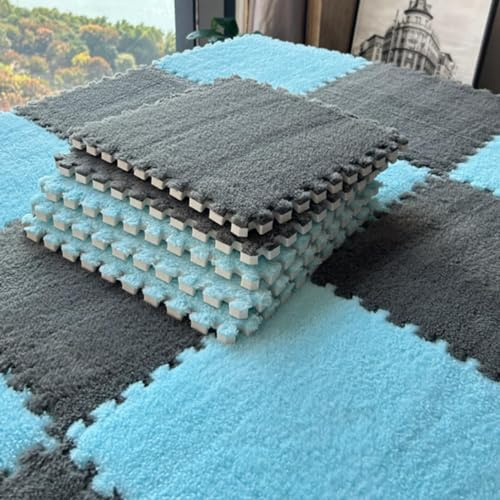 Haklein Plush Foam Floor Tiles Mat, Interlocking Puzzle Area Rug, Bedroom Soundproof Carpet Mats, Soft Foam Floor Mat for Home Playroom Gym Yoga Decoration (20Pcs,Blue and Grey)
