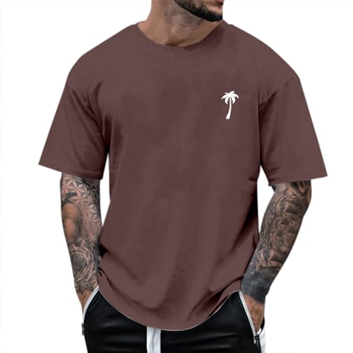 WKAYsIV Heart Shirts for Men Men's Summer Coconut Tree Leisure Comfortable T Shirt Short Sleeved Round Neck Short Sleeve Space T Brown