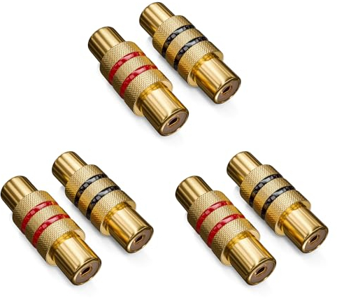 deleyCON 6 Piezas Acoplamiento Cinch como Set 3X Negro 3X Rojo Adaptador Audio Video Conector Hembra RCA a Conector Hembra RCA 2X Toma para RCA Conexión