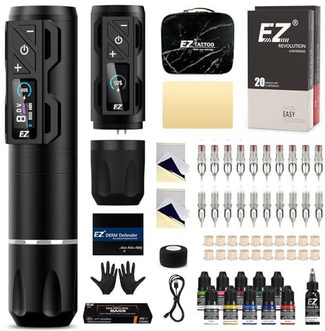 EZ Tattoo Maschinen Set - Tattoo Set mit Kabelloser Tattoo Maschine, 1800mAh Stromversorgung Akku, 20 Stück Tattoo Nadeln and 11 Farben Tinten für Tattoo Anfänger und Künstler (P2S Pro Schwarz)