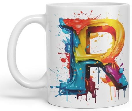 Vixar Letter R Mug, Alphabet Letter R Monogram Watercolour Ceramic Coloured Mug Cup for Tea Coffee Hot Brew 330ml 11Oz Gift (White)