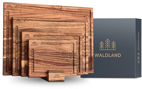 WALDLAND Premium Schneidebrett Holz 4er Set (40x30, 33x24, 27x18, 21x15) I inkl. Brettständer I Holzbrett Küche I Schneidebrett Set aus robustem Akazienholz