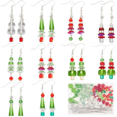 SUNNYCLUE 1 Box 10 Pairs Christmas Earring Kits Red Green White Beads Xmas Tree Beads Snowflake Star Bead Christmas Glass Beads for Jewellery Making Kits Women Adults DIY Dangle Earrings Supplies