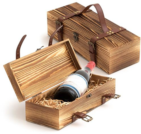 Briwooody 2 Pack Wooden Wine Box Vintage Brown Wine Gift Box Bottle Gift Boxes Single Bottle Holder with Leatherette Buckle Straps and Locking Latch for Birthdays Christmas Gifts