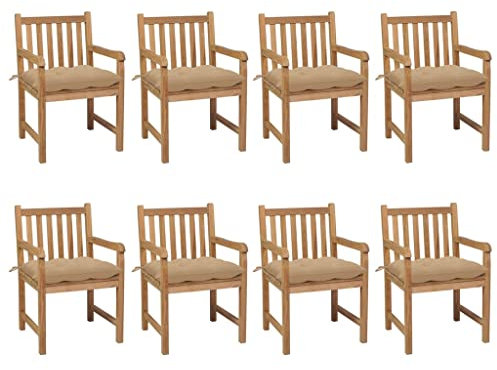 Xichuzi Gartenstühle 8 STK. mit Beigen Kissen, Gartenmöbel, Balkonstühle, Hochlehner, Balkonmöbel, Bistrostuhl, Garten Stühle, Armlehnenstuhl, Massivholz Teak