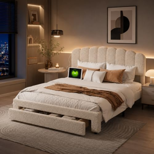 Polsterbett Doppelbett 160x200 cm mit Schublade, Bett mit Stauraum,Schubladenbett Mit LED-Leuchten,Funktionsbett Jugendbett Mit Lattenrost (Beige + Velours)