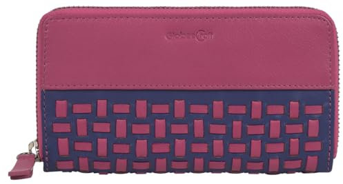 GlobeeCraft portafoglio donna in pelle vera capiente con portamonete interno e spazio per quattro carte, grande e resistente con chiusura a cerniera modello fucsia e blu 17 cm x 9,5 cm x 1,5 cm