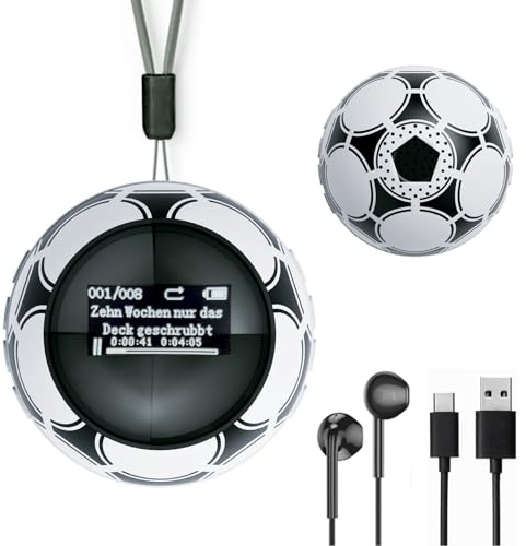 64GB Kinder MP3 Player Bluetooth 5.0, Fußball MP3 Player mit Lautsprecher und Kopfhörer, HiFi Musikplayer, FM Radio, Aufnahmefunktion & Schrittzähler, Fußball Geschenk für Jungen und Fußballfans
