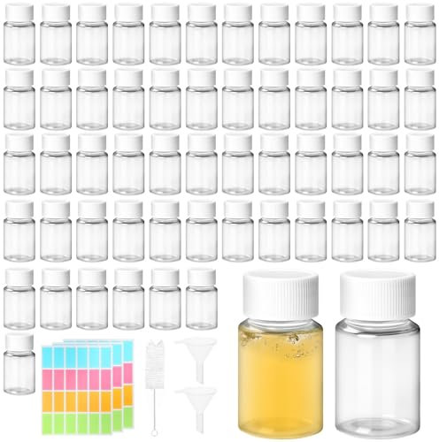 TXXATX 55 Pièces Mini Bouteille Shot 20ml Petite Bouteille Plastique Transparents Petit Flacon Plastique avec Bouchon à Vis Fiole Plastique Réutilisable avec Autocollants pour Voyage Camping
