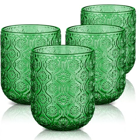 Joeyan Lot de 4 Verres à Eau en Verre, 260ml Vert Foncé Verres à Jus et Soda, Vintage Verres à Boire Design en Floraux Relief, Verre de table Pour Eau Gazeuse Apéritif et Bière, Lavable Lave-Vaisselle