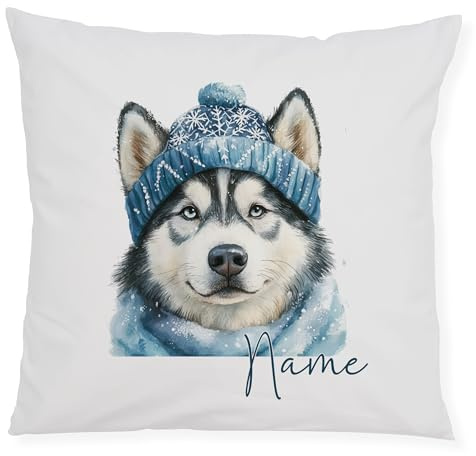 GRAZDesign Husky Personalisierte Kissenhülle mit Hunderasse im Wintermotiv – Kissenbezug 40×40 cm flauschig weich – Dekokissen mit Namen für Sofa, Bett