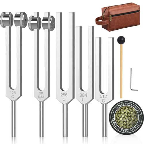 Resonance Tuning Fork Set for Healing – Weighted & Unweighted Sound Therapy Tools with 128Hz, 136Hz, 256Hz, 384Hz, 512Hz Frequencies & Hockey Puck Activator – Chakra & Meditation Instruments