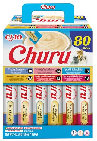 INABA Churu Cat Treat - Tuna Variety Box - 1 Pack (80 x 14g total) / Soft & Creamy Cat Treat, Delicious & Healthy Snack, Lickable Sticks, Purée Food Topper, Natural, Grain Free