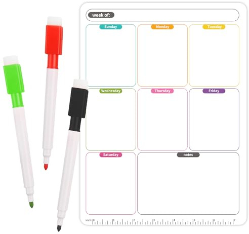 Azushwer Weekly Planner Whiteboard, Magnetic A4 Whiteboard for Fridge, Dry Wipe Fridge Calendar Whiteboards for Daily Routines Meal Planning and Reminder, 3 Dry Erase Marker Pens Included