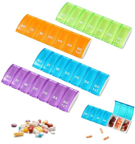 4-Teiliges Set Tablettenbox 7 Tage,Wepa Tablettenbox 7 Tage | Pillenbox 7 Tage 2 Fächer,Einfach Zu Transportieren,Ein Quadrat Pro Tag, Auf Einen Blick Übersichtlich