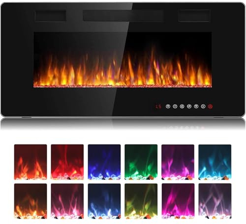 Waleaf Elektrokamin, 91,4 cm Elektrischer Kamin mit Heizung, 3D-Flammeneffekt, 12 Flammenfarben, Wandkamin und Einbaukamin mit Fernbedienung für Wohnzimmer & Innenräume, 1500W, Schwarz