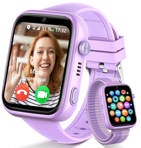 Smartwatch Kinder mit Videoanruf und Telefon, Kinderuhr mit GPS Voice Chat, Whatsapp, WiFi, SOS, SMS, Schulmodus, Schrittzähler, IP68 Wasserdicht, Wecker Kids Smartwatch für Mädchen/Jungen, Lila