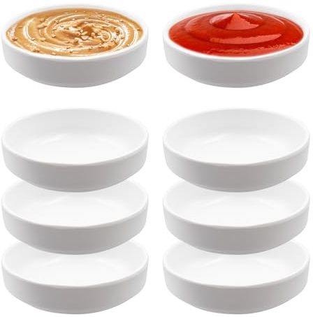 INNAL 8 Piezas Apilables Redonda Plato de Vinagre 8.7 x 8.7 x 2.5cm | Plato de Inmersión de Soja Cuencos Pequeños Cuencos para Salsas de Soja Sushi Frutas Especias Guarniciones (Blanco)