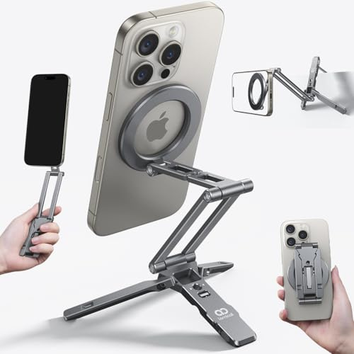 Lamicall 5 IN 1 Treppiede Smartphone, Mini Treppiede per Magsafe [Compatto] | [Vite da 1/4 & Arca-Swiss] Treppiede Tavolo Alluminio, Porta Telefono Magnetico con Gancio Nascosto, Ideale per Vlog Viaggio
