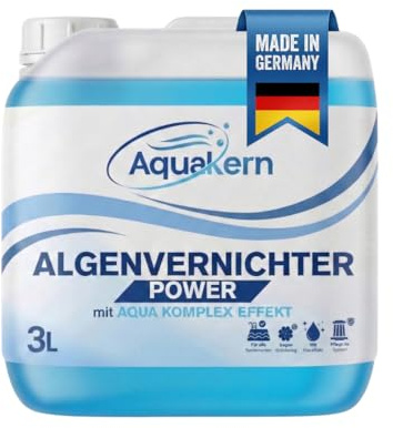 Aquakern Algenvernichter Pool Power 3L [mit Aqua KLAR KOMPLEX] entfernt Grünbelag | Algizid bei Grünalgen | Für mehr als 250.000 Liter | Schaumfreier Algenverhüter | Algenschutz | Made in Germany