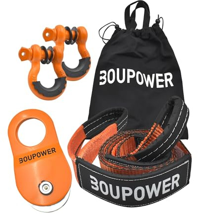 Sangle de Remorquage avec Crochet 7.5 X 20 cm Kit de Récupération Tout Terrain 10t Poulie de Mouflage Corde de Remorquage Manille 2 Manilles Accessoires de Treuil Robustes pour SUV Camion ATV