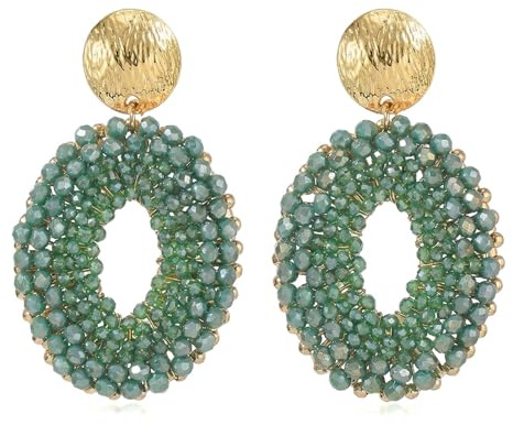 XFSRG Pendientes Colgantes Mujer Bohemios Redondos con Cuentas Tejido de Cristal Ovalados Pendientes Joyeria Etnica Aretes Grandes Elegantes Bisuteria Verano Fiesta Boda Joyas Accesorios (Verde)